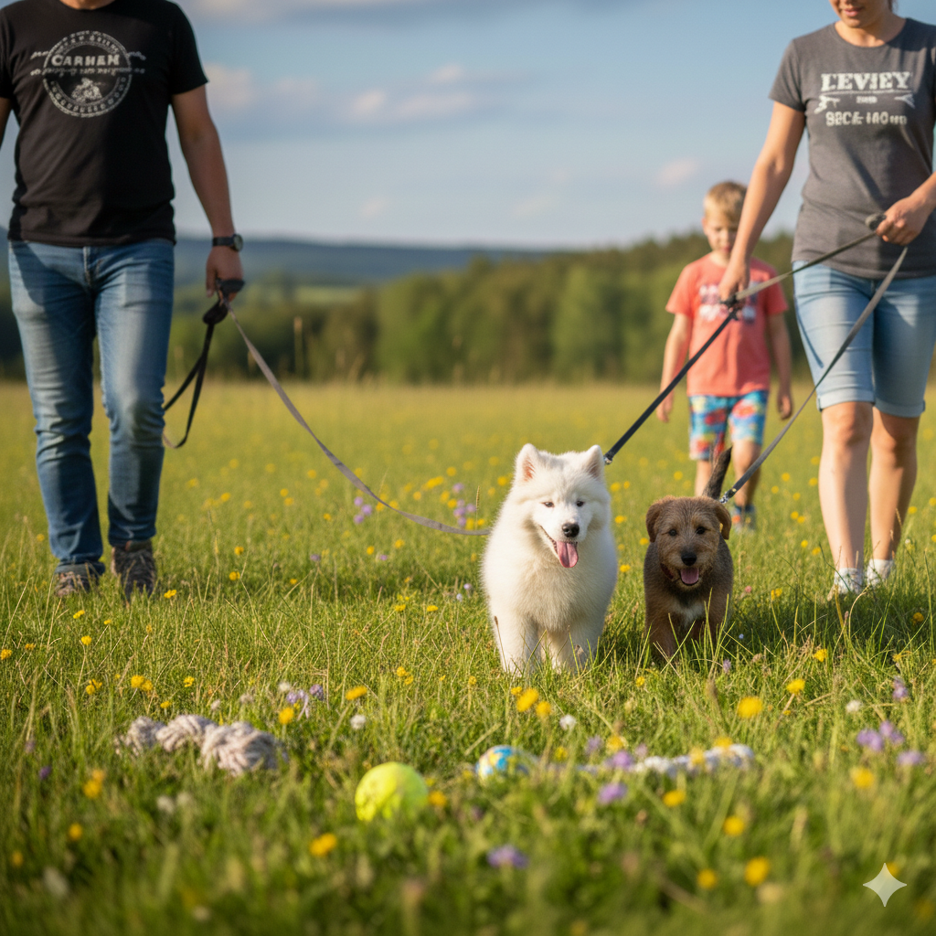 Kleine Gruppe Hunde mit Haltern im Kreis sitzend